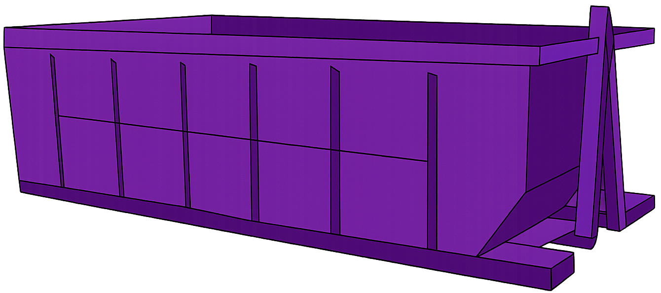 Illustrated purple roll-off dumpster with reinforced steel side panels, used for junk removal and construction debris.